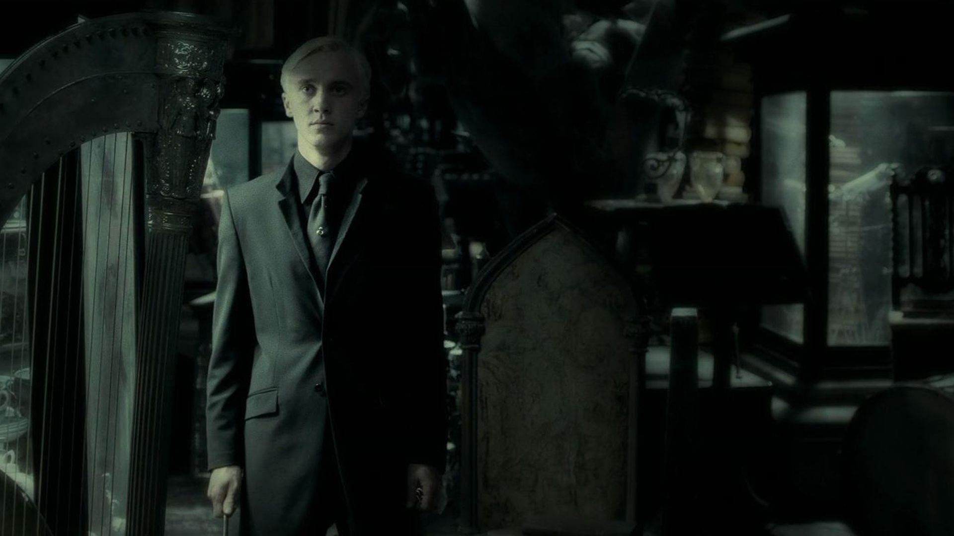 Draco Malfoy In Dark Room With Wood Things Wearing Black Coat Suit HD Draco Malfoy Wallpaper