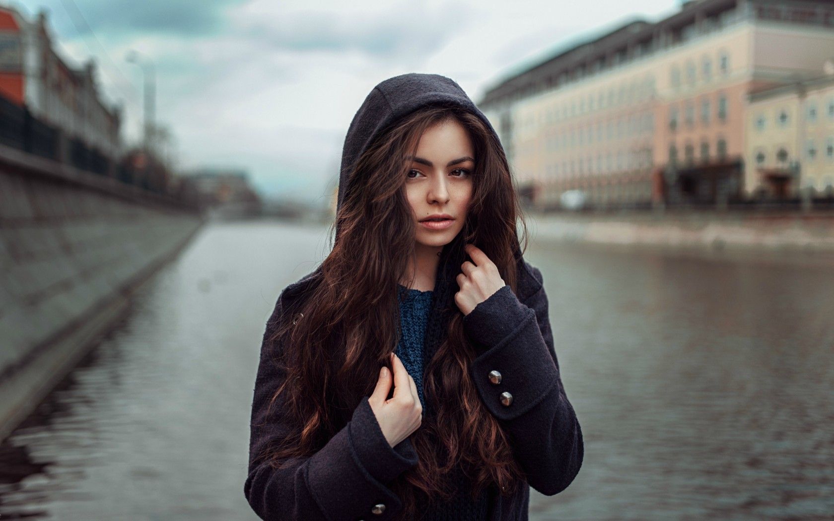 #model, #black coat, #portrait, #river, #sweater, #hoods, #women, wallpaper. Mocah HD Wallpaper