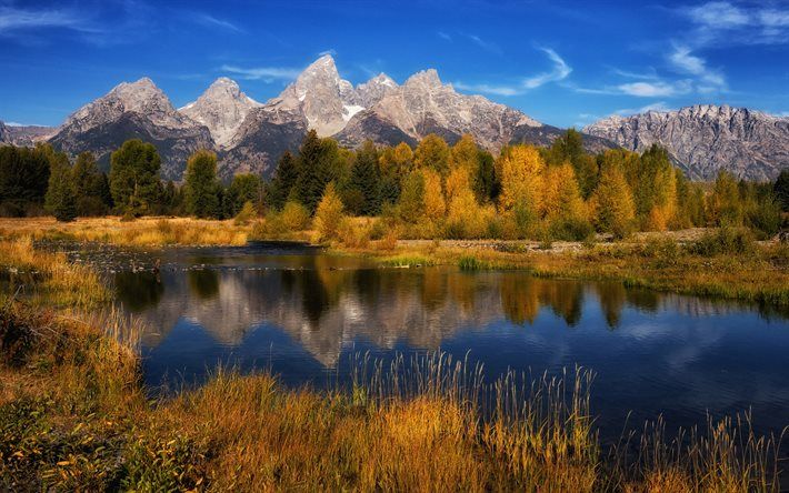 Download wallpaper Grand Teton National Park, autumn, HDR, mountains, lake, USA for desktop free. Picture for desktop free