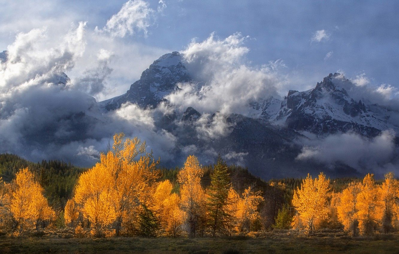 Wallpaper autumn, clouds, trees, mountains, Wyoming, Wyoming, Grand Teton, Grand Teton National Park, Rocky mountains, Rocky Mountains image for desktop, section пейзажи
