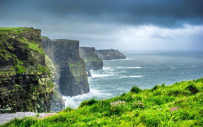 Download wallpaper Cliffs of Moher, coast, Irish landmarks, summer, sea, Ireland for desktop free. Picture for desktop free