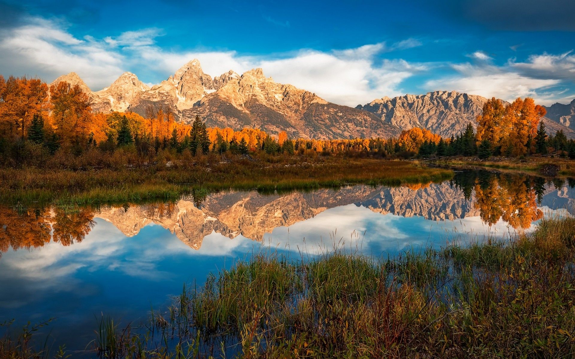 Wallpaper, landscape, colorful, forest, fall, mountains, lake, nature, reflection, clouds, sunrise, morning, river, national park, wilderness, Grand Teton National Park, plateau, cloud, tree, autumn, leaf, dawn, season, meadow, reservoir, tarn, loch