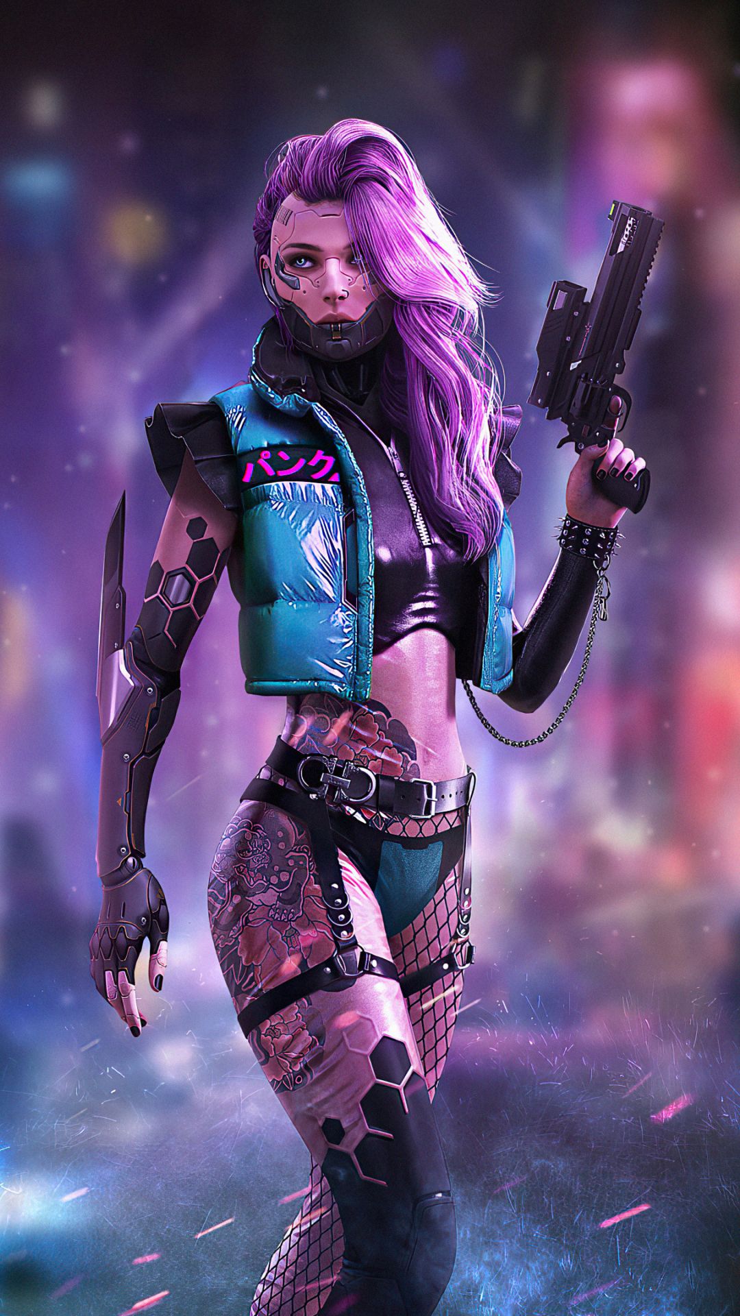 Download 1080x1920 wallpaper cyberpunk, tattoo on body, girl with guns, samsung galaxy s s note, sony xperia z, z z z htc one, lenovo vibe, google pixel oneplus honor