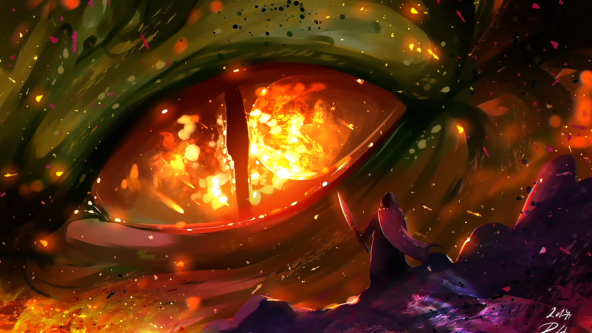 Download 1920x1080 Dragon, Eye, Close Up, Knight, Fire, Painting Wallpaper For Widescreen