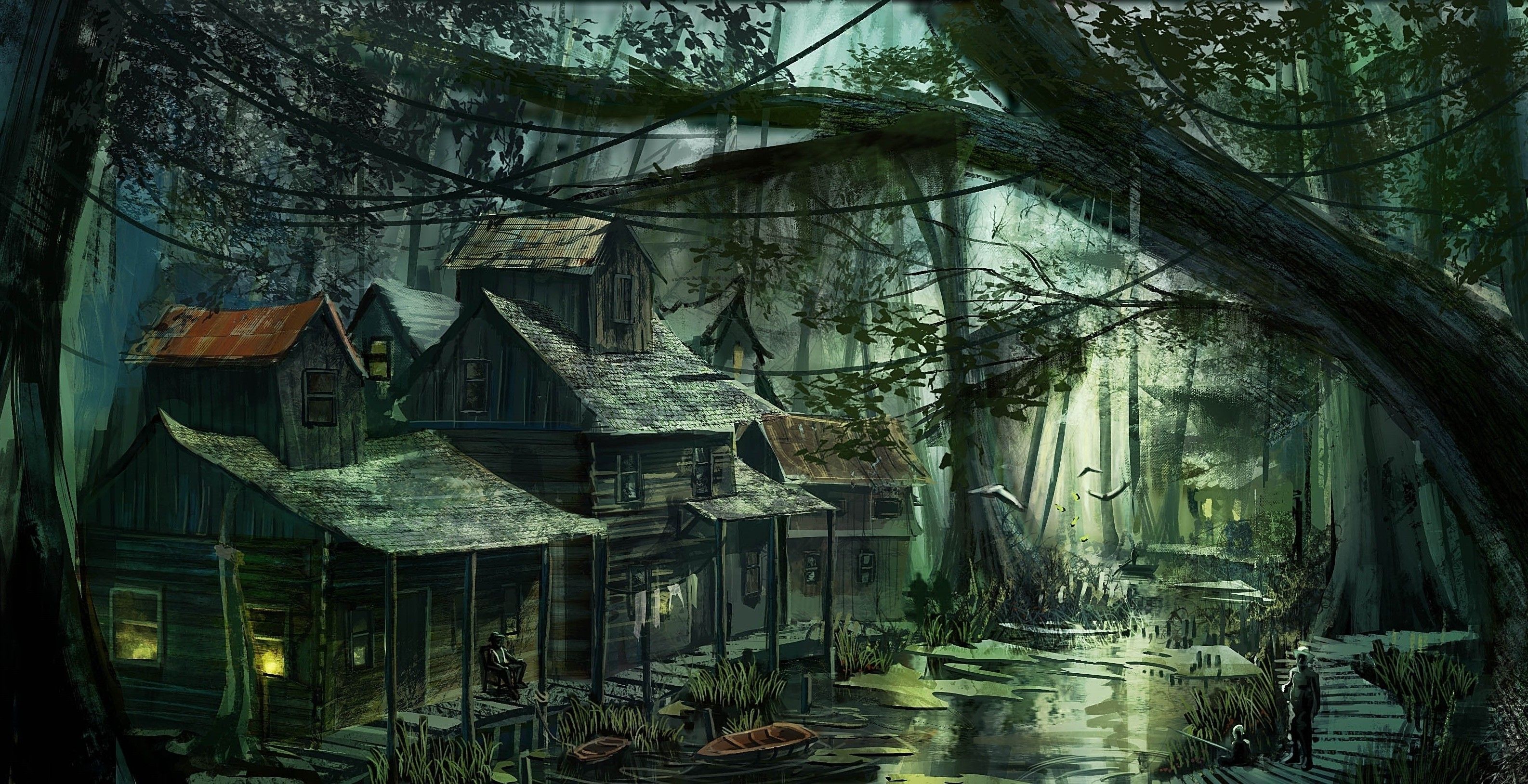 Wallpaper, forest, fantasy art, jungle, swamp, rainforest, wetland, darkness, screenshot, bayou, woodland, habitat, natural environment, computer wallpaper, ecosystem, 3172x1628 px 3172x1628