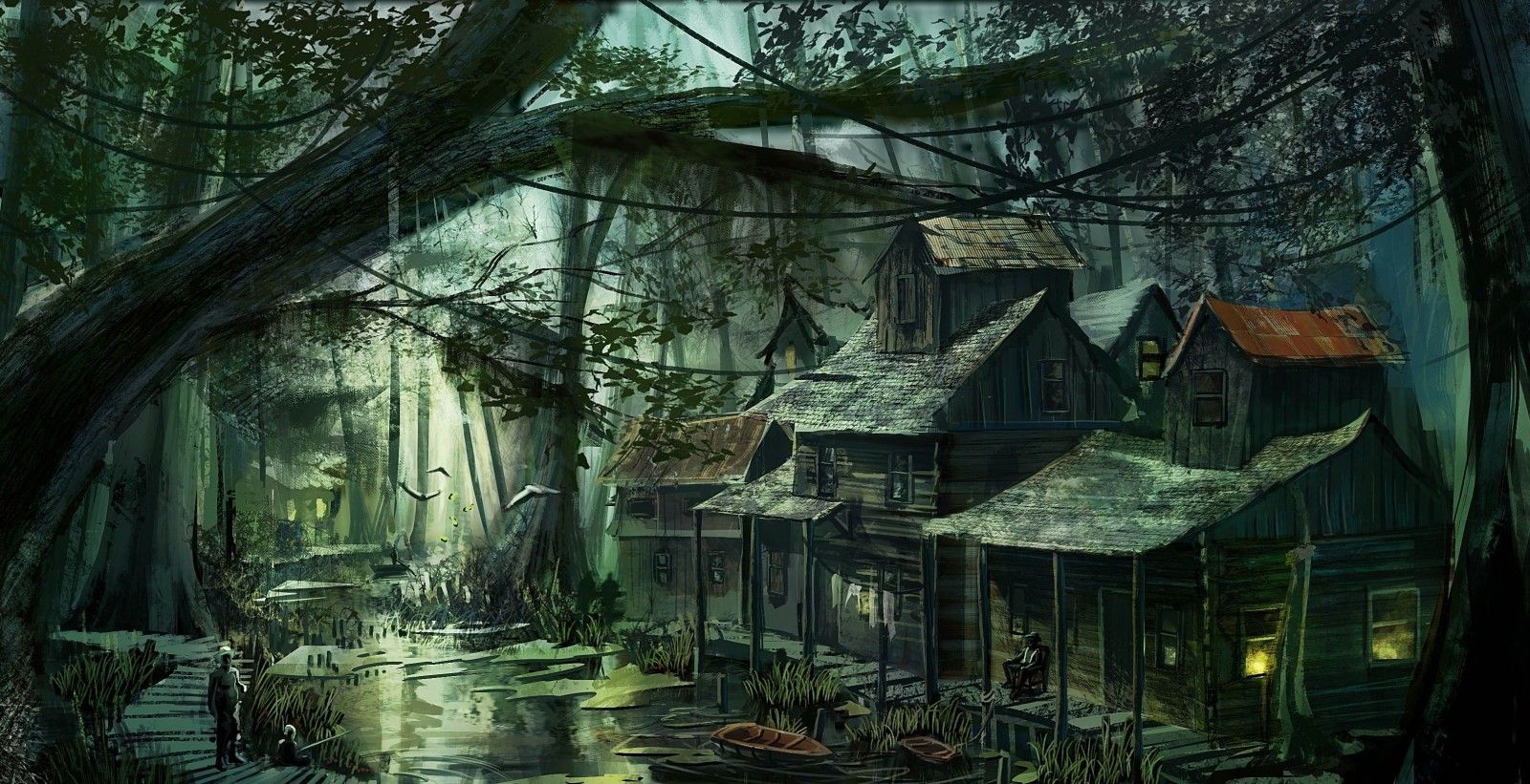 forest, fantasy art, jungle, swamp, wetland, screenshot, bayou, woodland, habitat, natural environment, computer wallpaper. Mocah HD Wallpaper