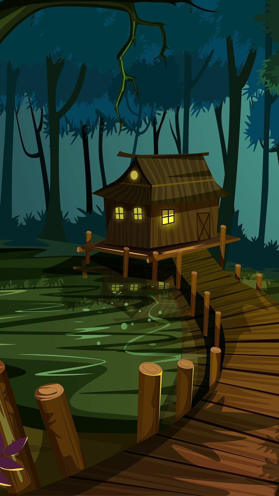 Shack in the swamp house. Cartoon forest and house with a boardwalk digital art. Fantasy art landscapes, Artistic wallpaper, Landscape wallpaper