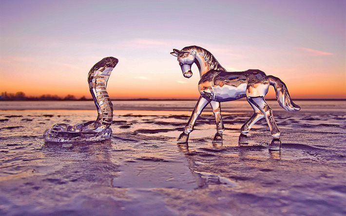 Download wallpaper snow, horse, glass, ice, snake, figure, evening, winter, sunset for desktop free. Picture for desktop free