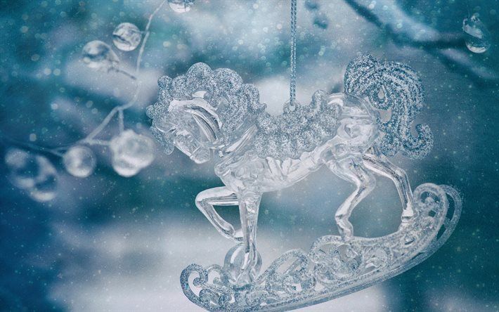 Download wallpaper Glass horse figurine, winter, ice horse figurine, beautiful figurines, New Year for desktop free. Picture for desktop free