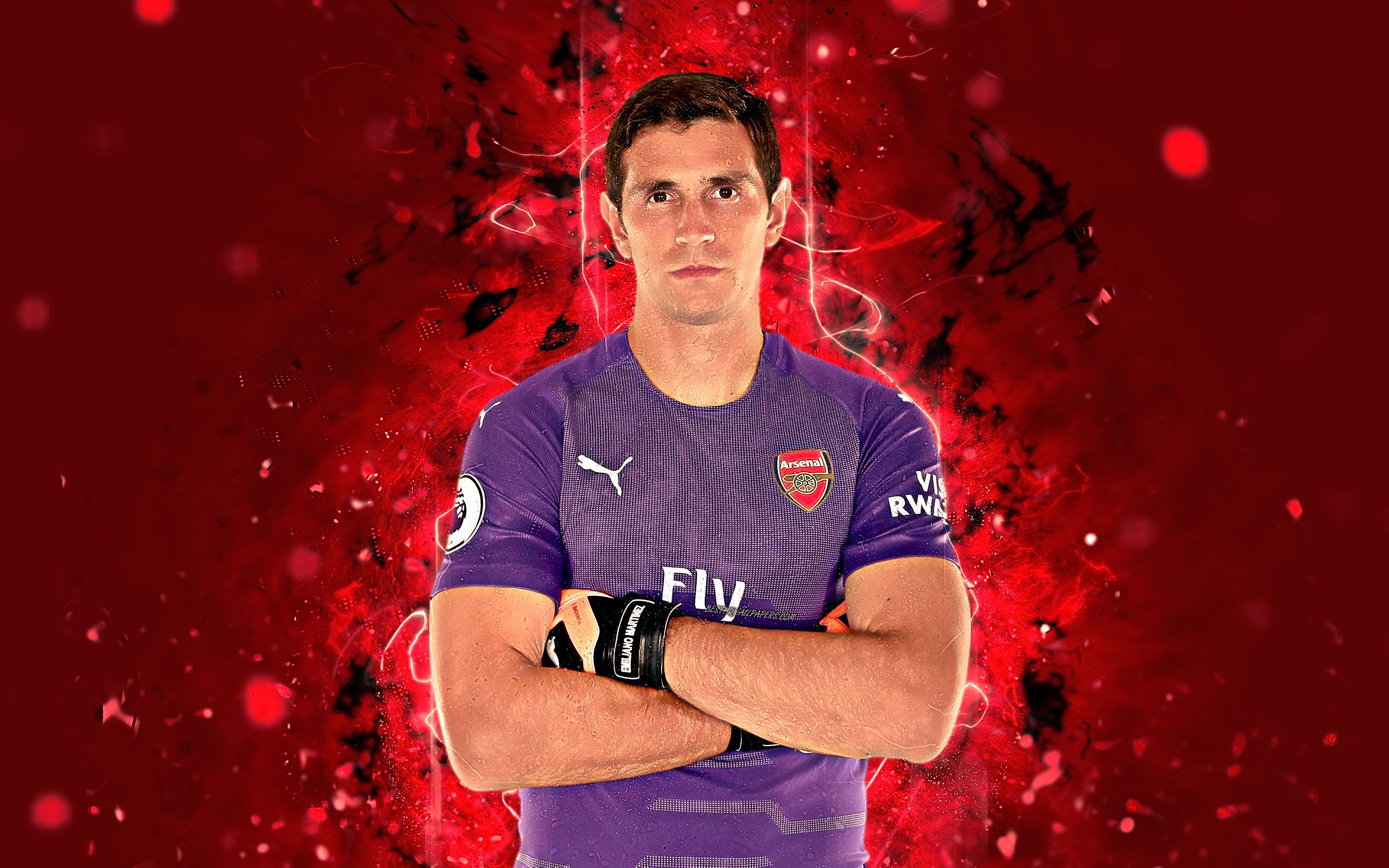 Download wallpaper Emiliano Martinez, 4k, abstract art, football, goalkeeper, Arsenal, soccer, Martinez, Premier League, footballers, The Gunners, neon lights, Arsenal FC for desktop with resolution 3840x2400. High Quality HD picture wallpaper