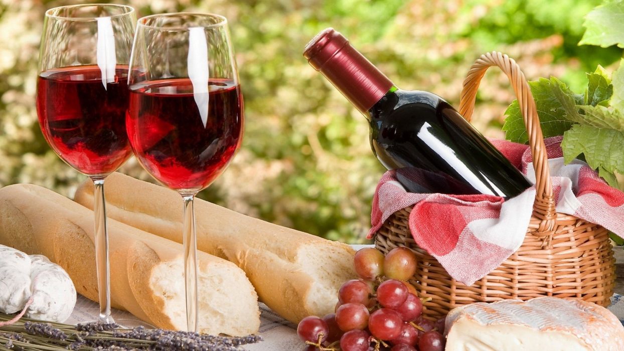 Nature glasses wine picnic Baguette wallpaperx1080