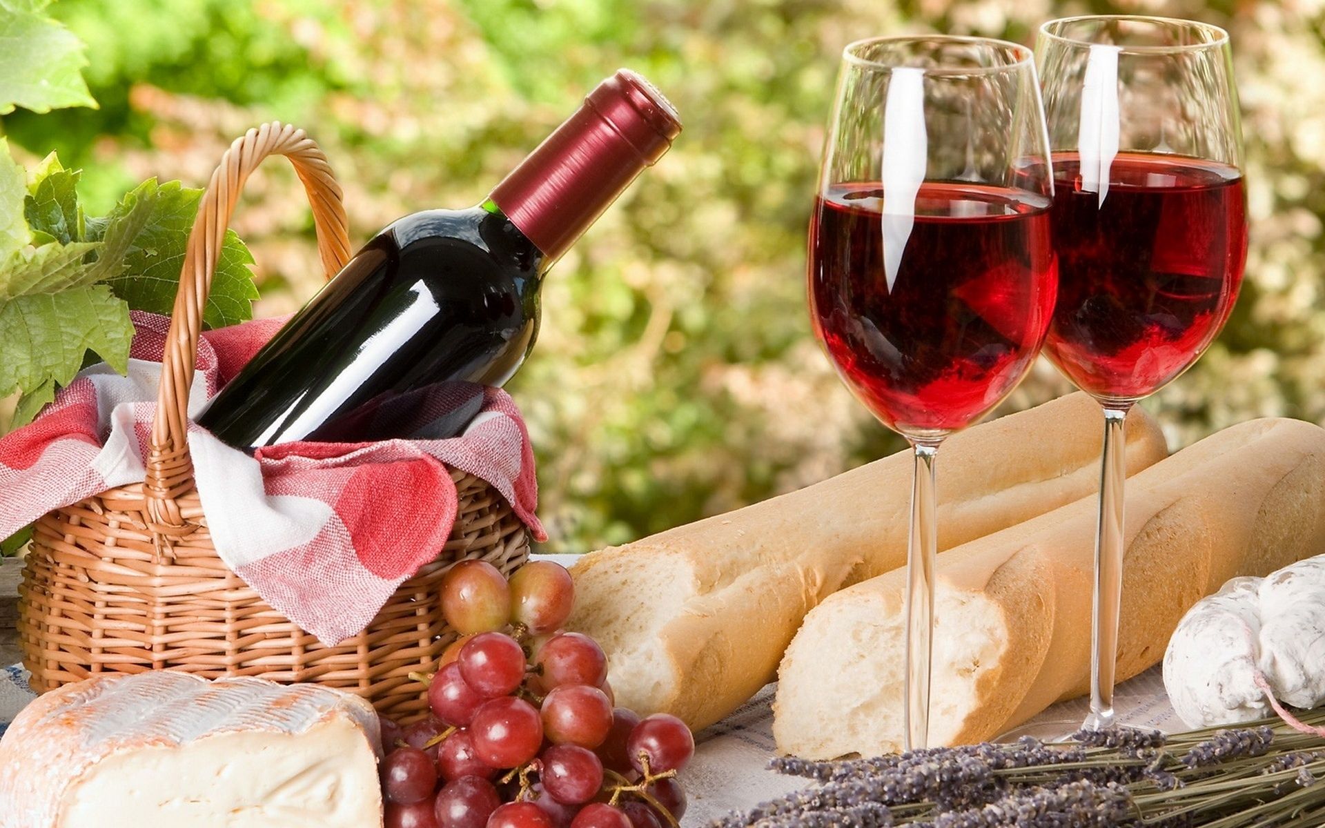 Wallpaper, wine, picnic, grapes, plantation, baguette, basket, glasses 1920x1200