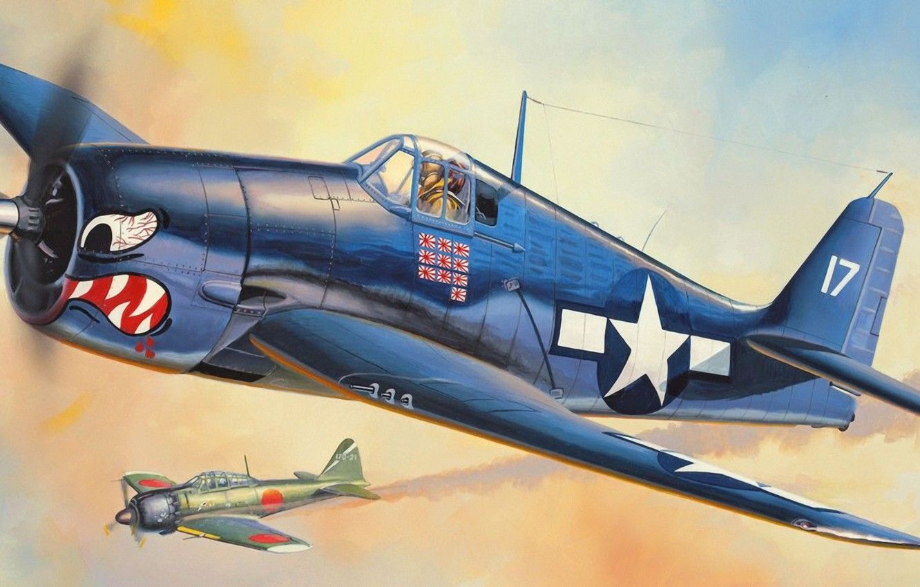 Wallpaper war, art, aviation, ww pacific war, The Grumman F6F Hellcat, painting.dogfight, Mitsubishi A6M Zero image for desktop, section авиация