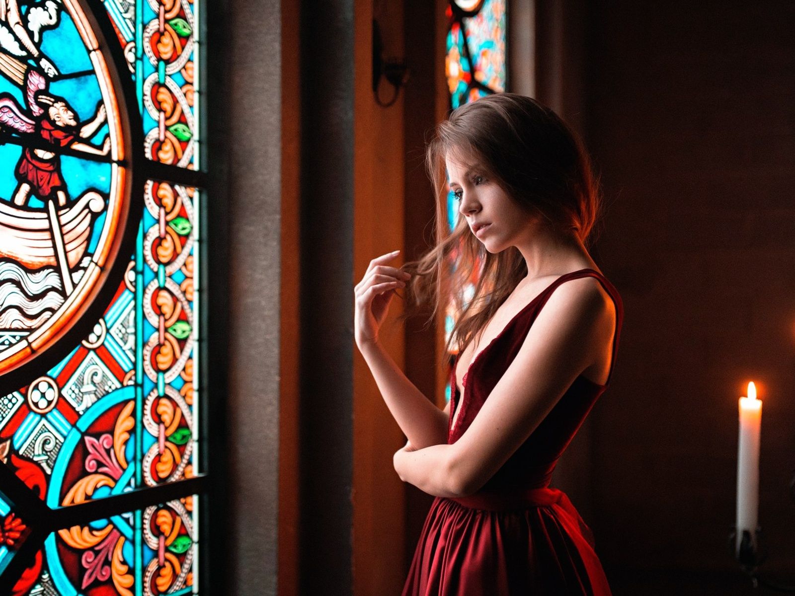 Women Indoors Stained Glass Lights 1600x1200 Resolution HD 4k Wallpaper, Image, Background, Photo and Picture