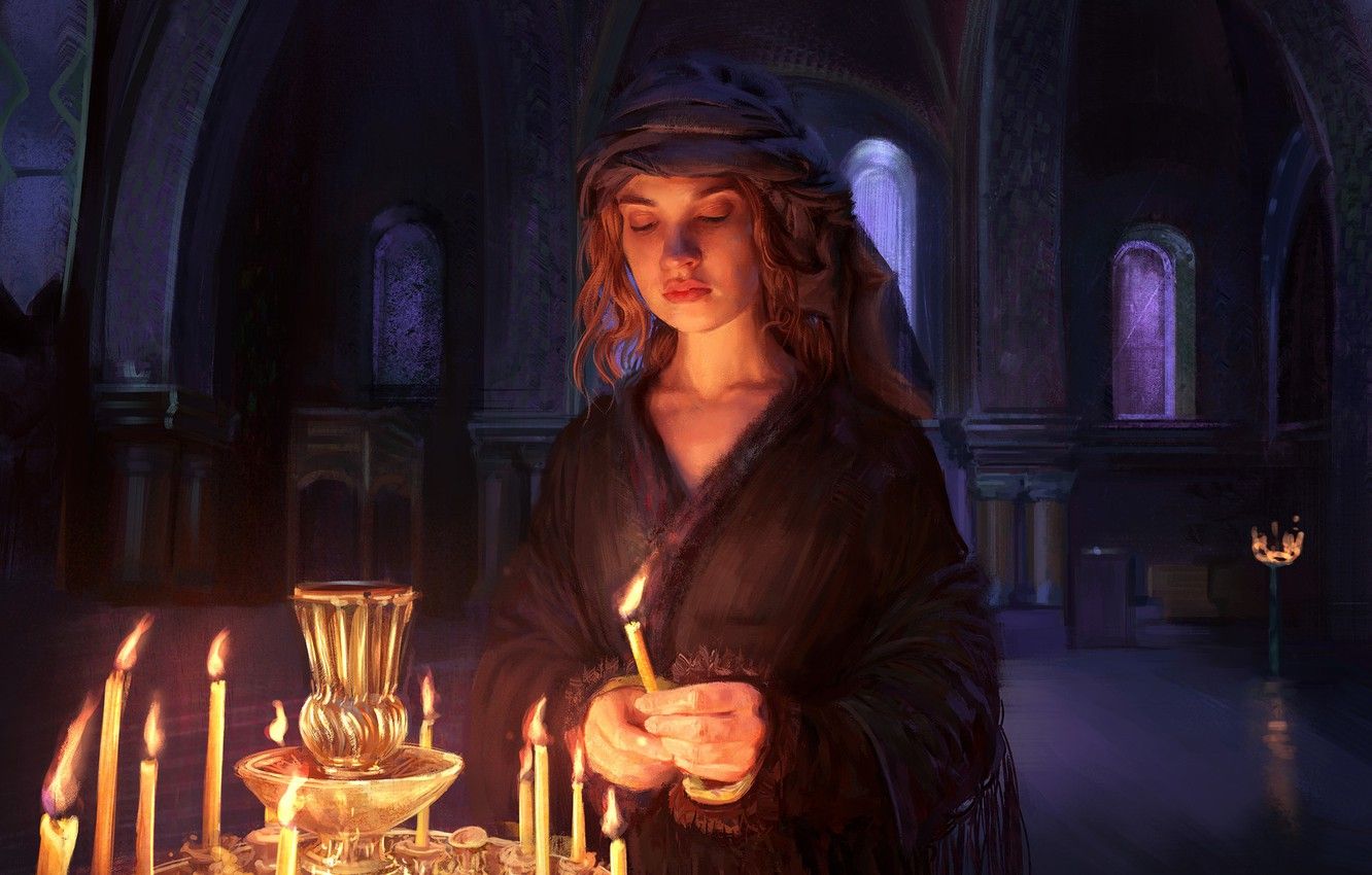 Wallpaper Girl, Figure, Fire, Church, Girl, Hair, Prayer, Candle, Fire, Art, Art, Church, Hair, Artist, Candle, Prayer image for desktop, section арт