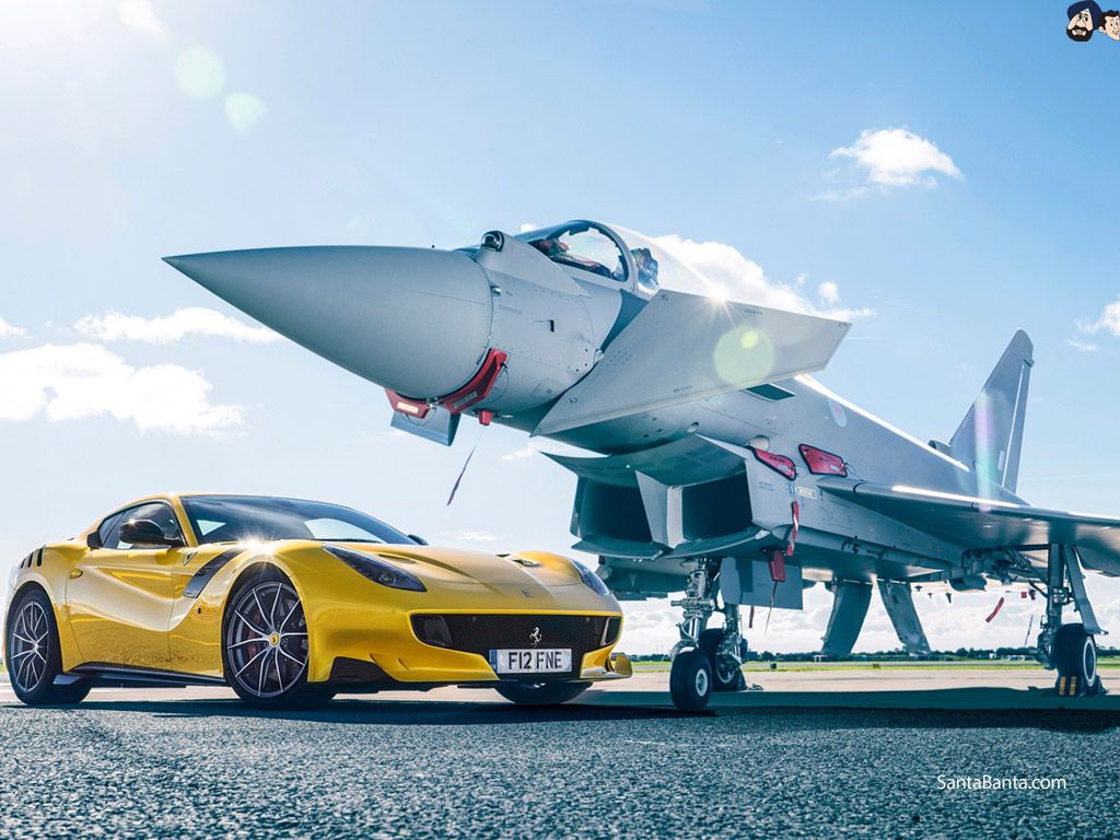Ferrari F12 TDF sports car and Saab 35 Draken fighter aircraft of Swedish Air Force