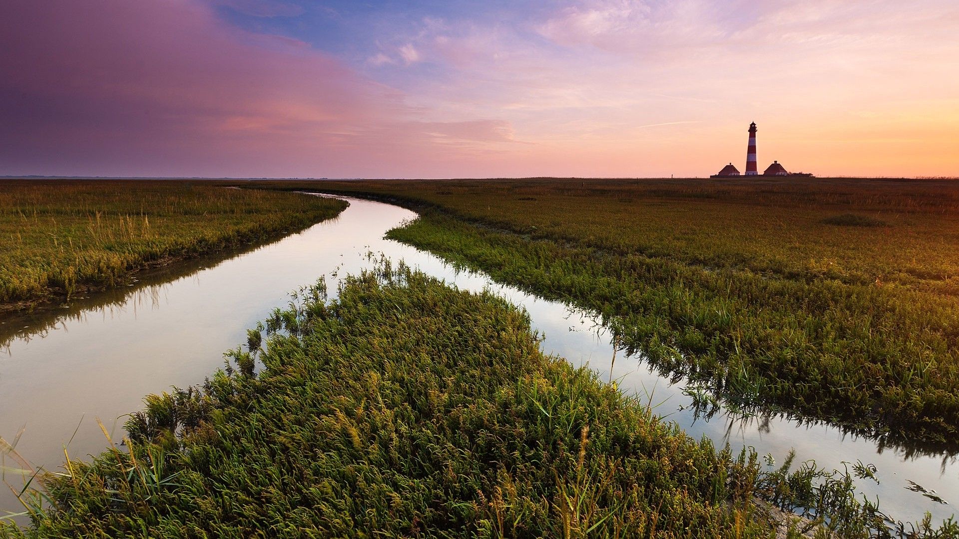 Field, canal, water, irrigation, evening, grass, vegetation, lighthouse. picture, photo, desktop wallpaper