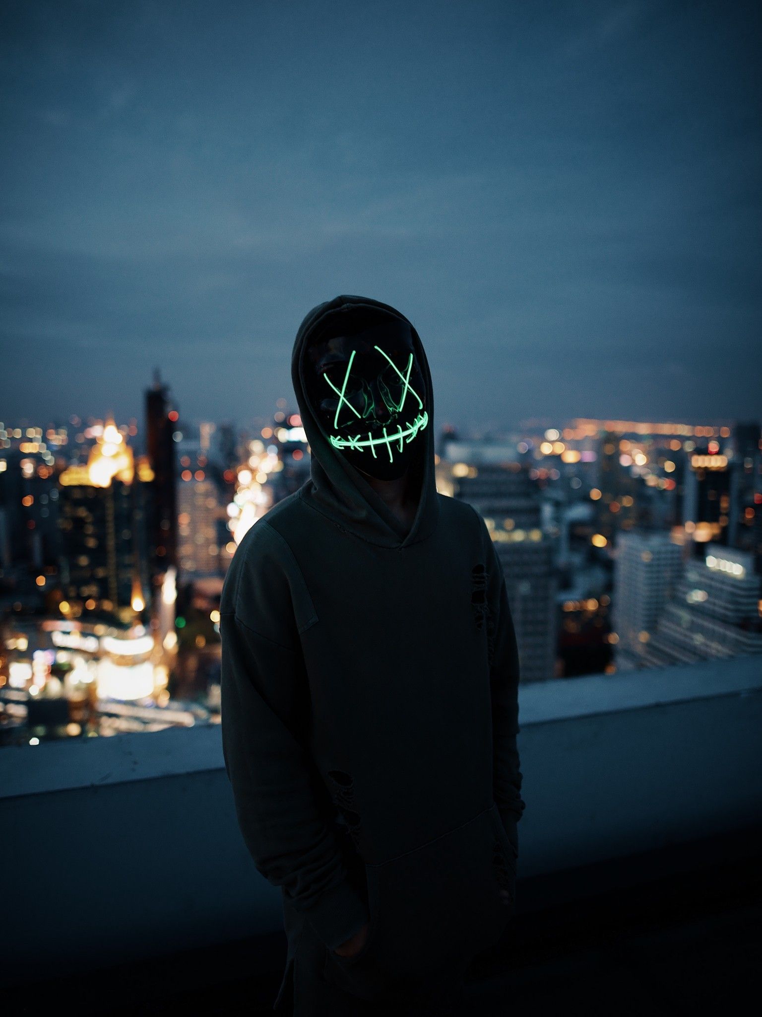 Download 1536x2048 X X Mask, Cityscape, Hoodie, Anonymous Wallpaper for Apple iPad Mini, Apple IPad 3, 4