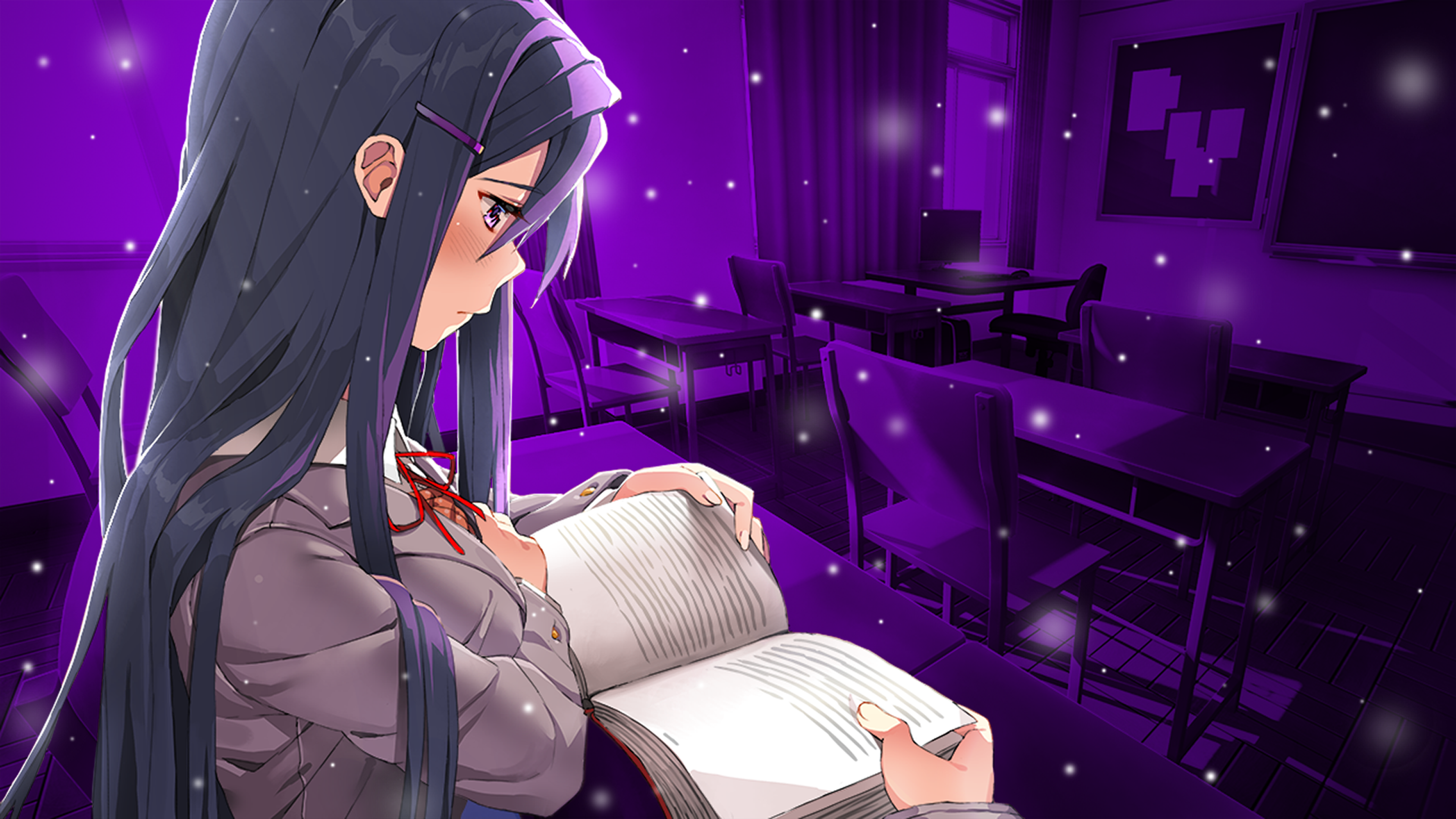Wallpaper, anime, class, Doki Doki Literature Club, purple, reading, yuri 3840x2160