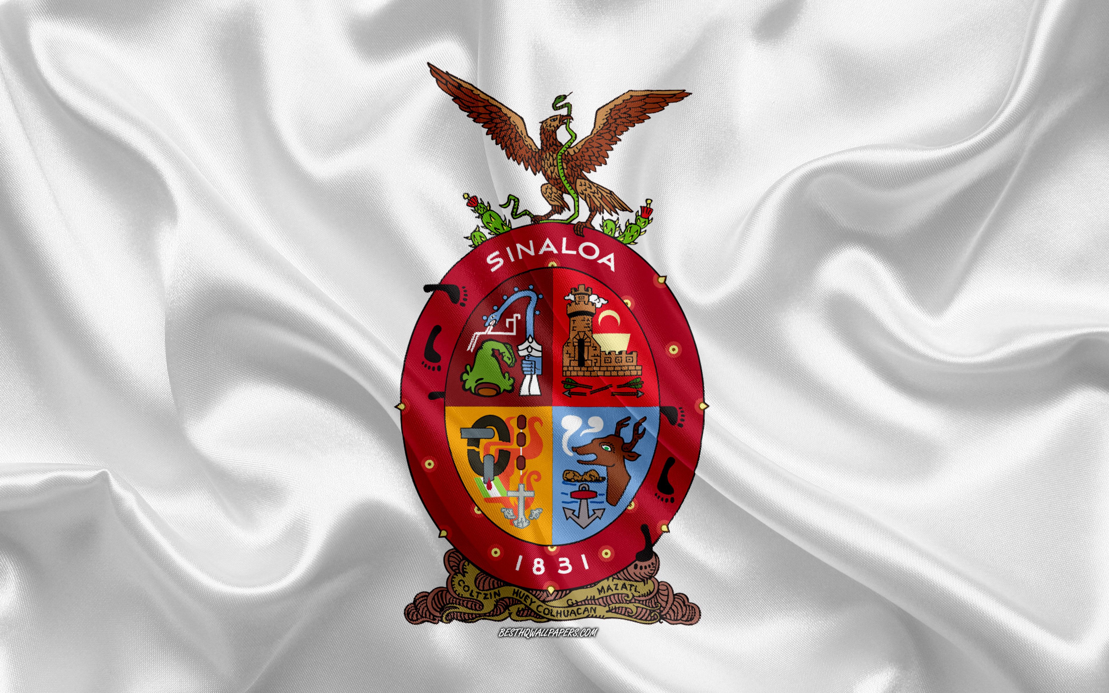Download wallpaper Flag of Sinaloa, 4k, silk flag, Mexican state, Sinaloa flag, coat of arms, silk texture, Sinaloa, Mexico for desktop with resolution 3840x2400. High Quality HD picture wallpaper