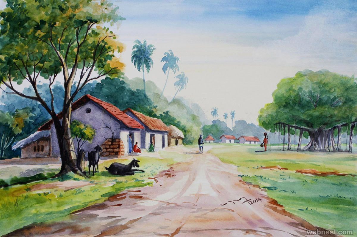 Watercolor Painting Ideas Of Village Life Paintings Of Village Scene HD Wallpaper