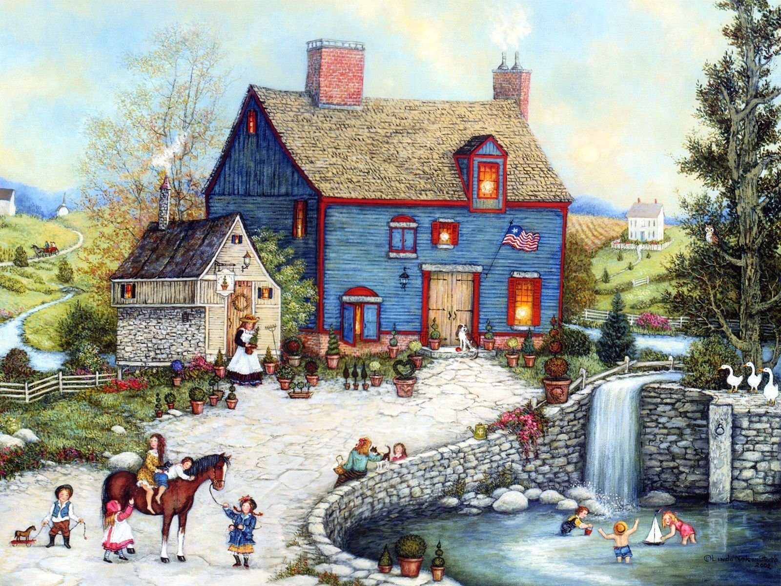 American Folk Art, Linda Nelson Stocks Folk Art Painting Villages and Country Life 1600x1200 NO.10 Desktop Wallpaper