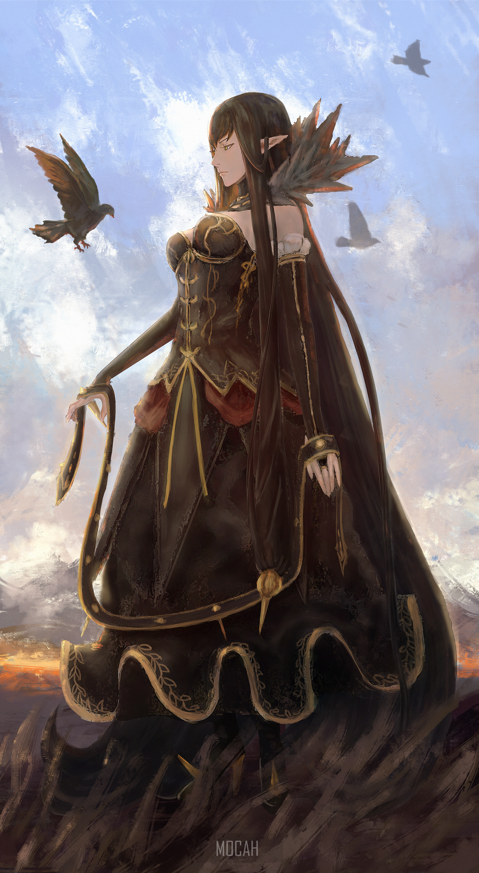 Fate Series, FGO, Fate Apocrypha, Anime Girl, Long Hair, Big Boobs, Black Dress, Pointed Ears, Black Hair, Assassin Of Red (Semiramis) (Fate Apocrypha), Yellow Eyes, Pigeons, Fan Art Wallpaper Full Hd, 1648x3000