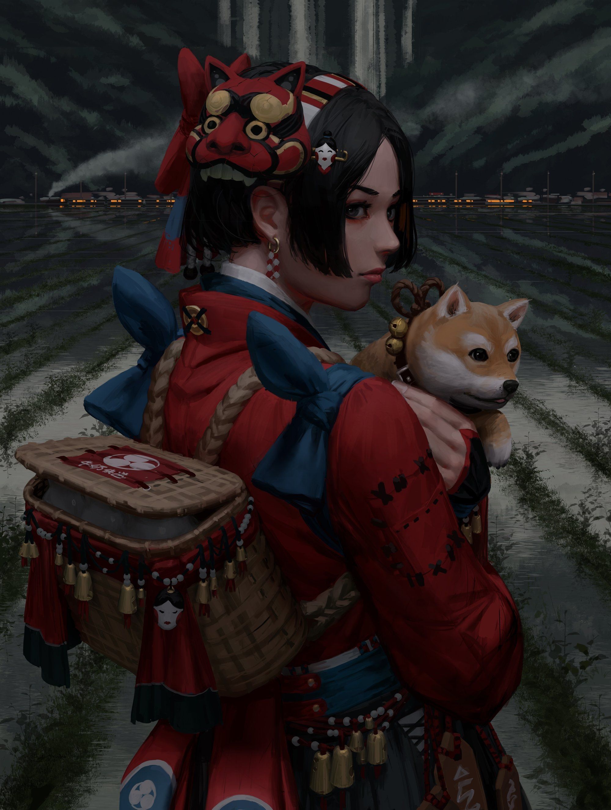 Wallpaper, women, samurai, doge, dog, digital art, painting, artwork 2000x2653