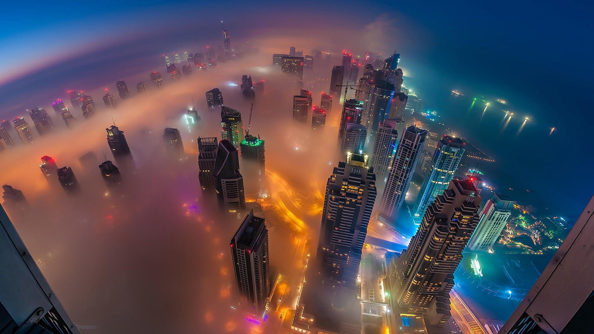architecture, city, cityscape, mist, United Arab Emirates, Dubai, street, bird's eye view, lights, night, skyscraper, building wallpaper