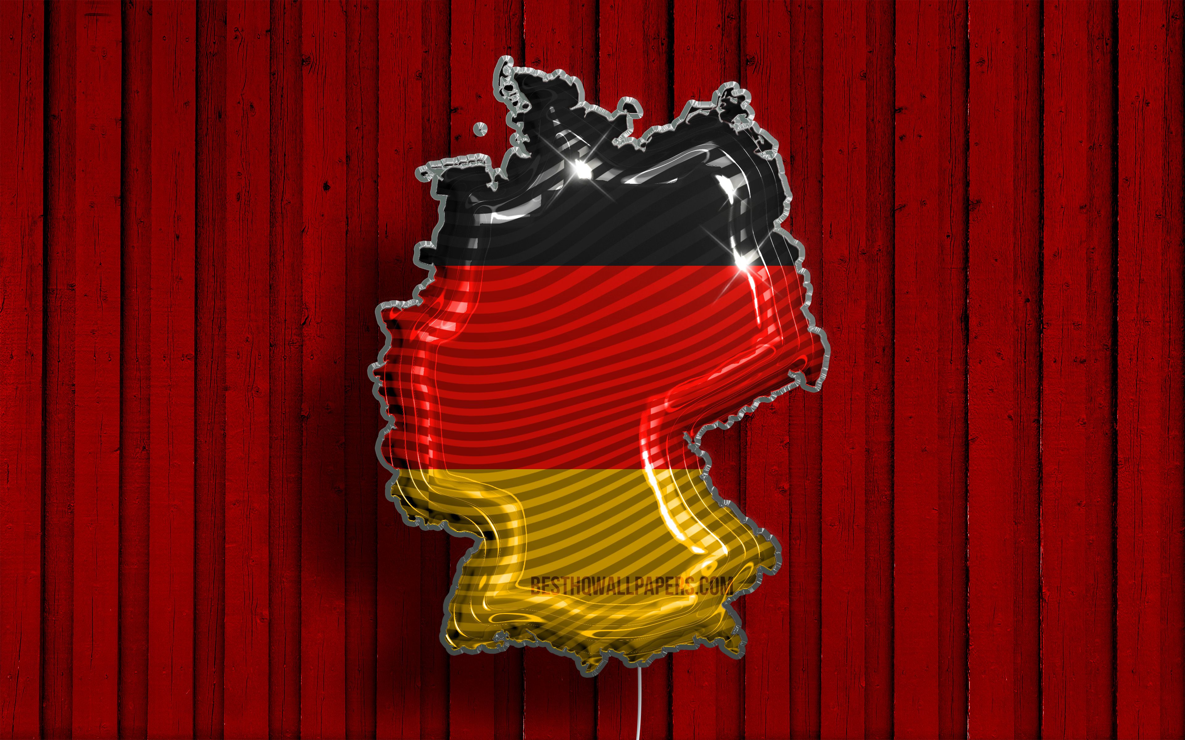 Download wallpaper Germany Realistic Balloons map, 4k, Silhouette of Germany, 3D maps, Germany map, german flag, red wooden background, balloon with german map, creative, map of Germany, 3D Germany Map, german map