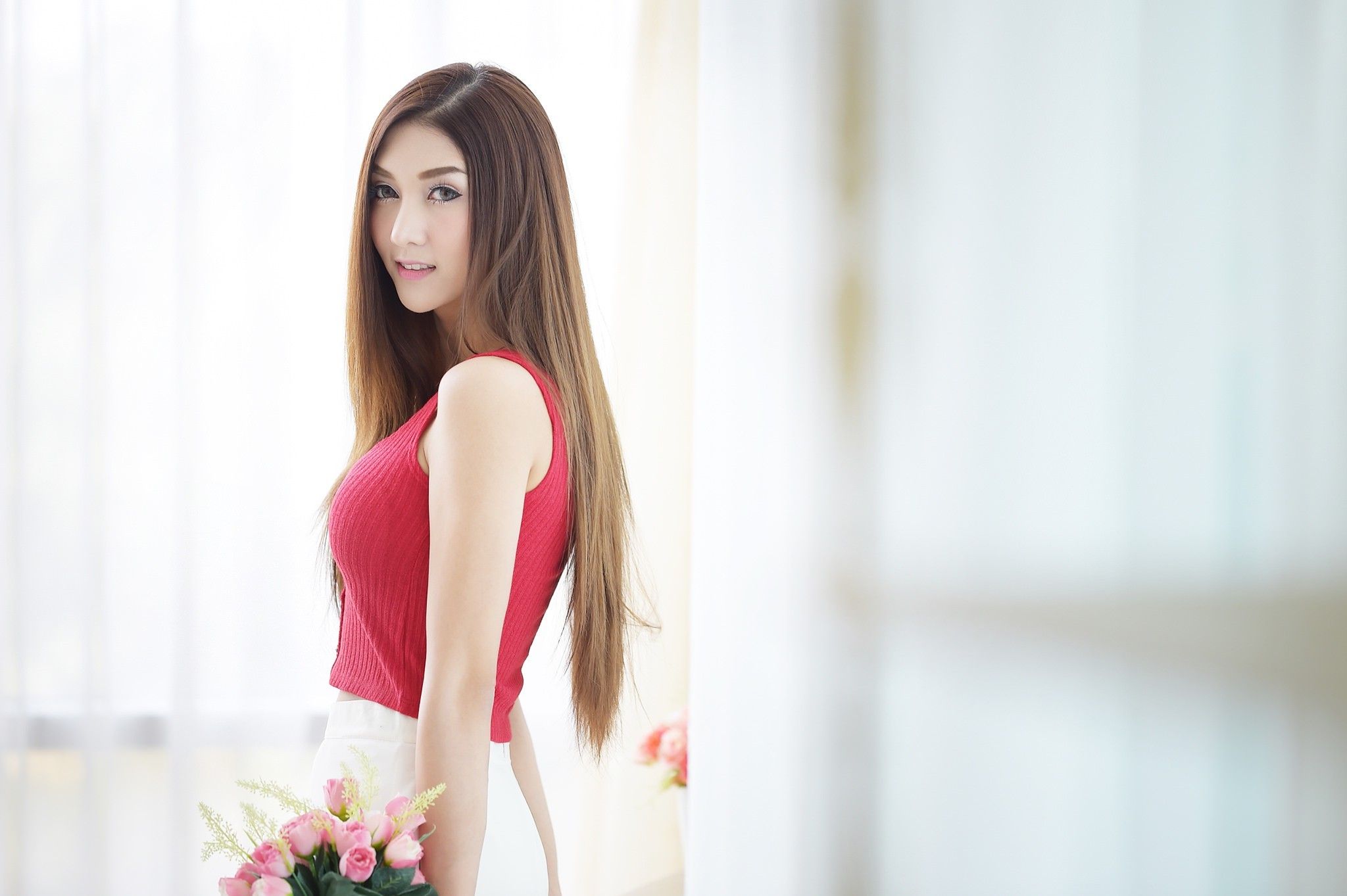 2048x1363 asian women model flowers wallpaper