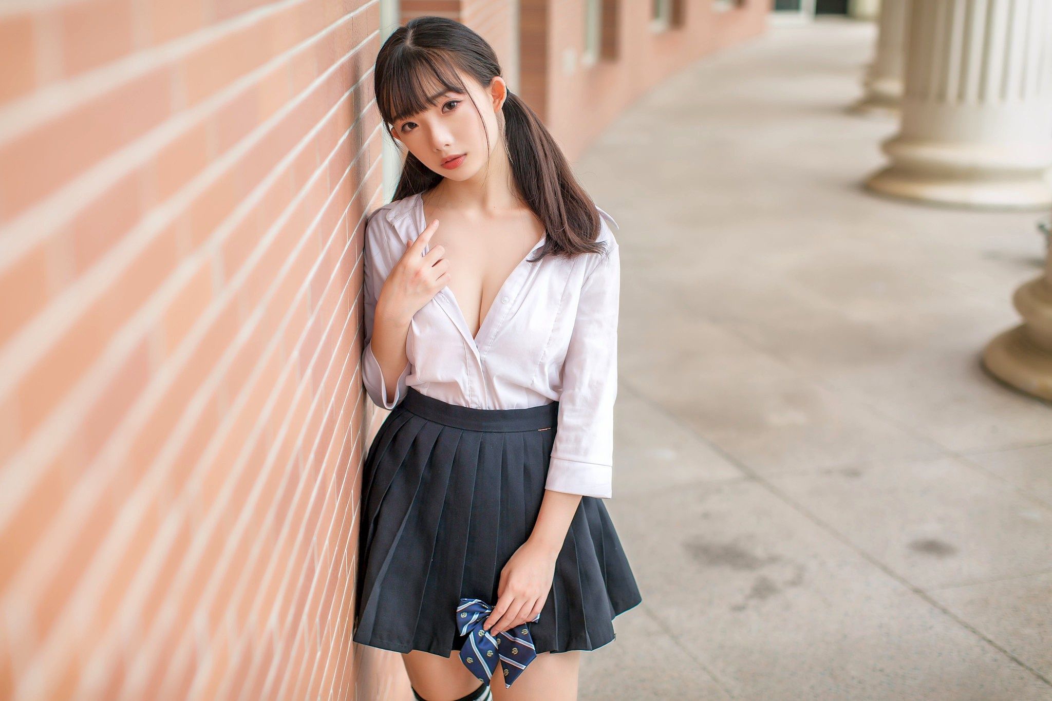 Wallpaper, Asian, women, model, brunette, depth of field, twintails, miniskirt 2048x1365