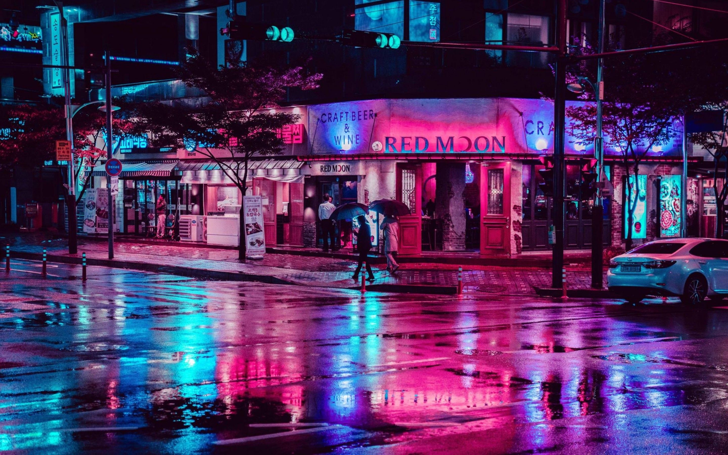 Download 2880x1800 Neon Lights, Urban, Night, After Rain, Reflection, Street Wallpaper for MacBook Pro 15 inch