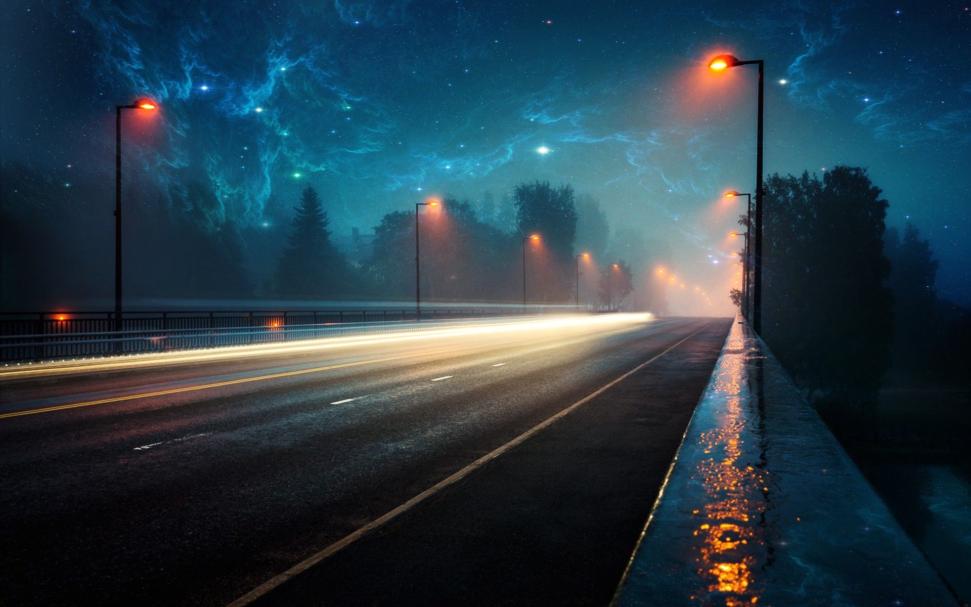 nebula, Space, Lighter, Lights, Road, Evening, Rain Wallpaper HD / Desktop and Mobile Background