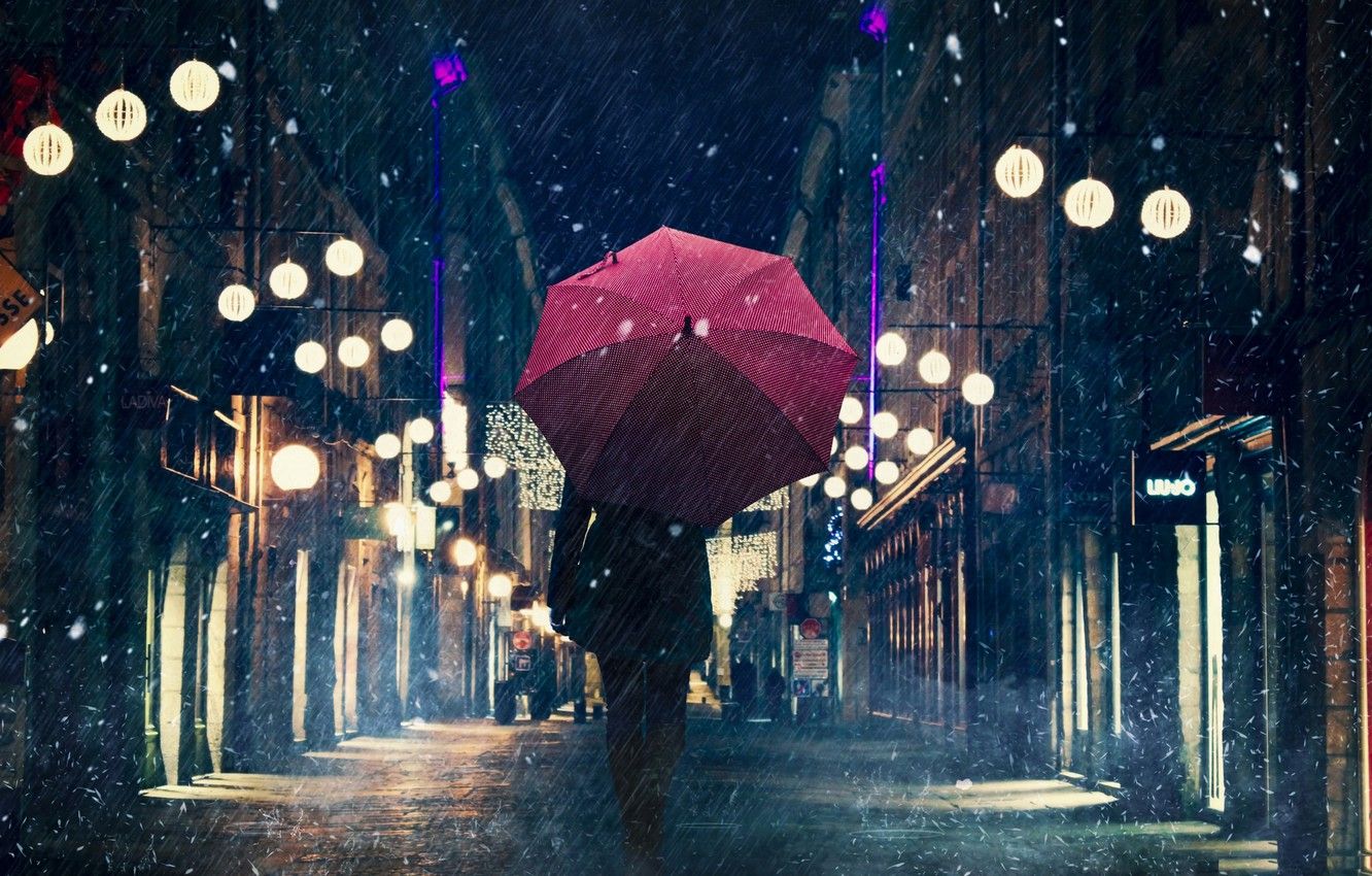Photo Wallpaper City, Umbrella, Night, Rain, Silhouette Night Street