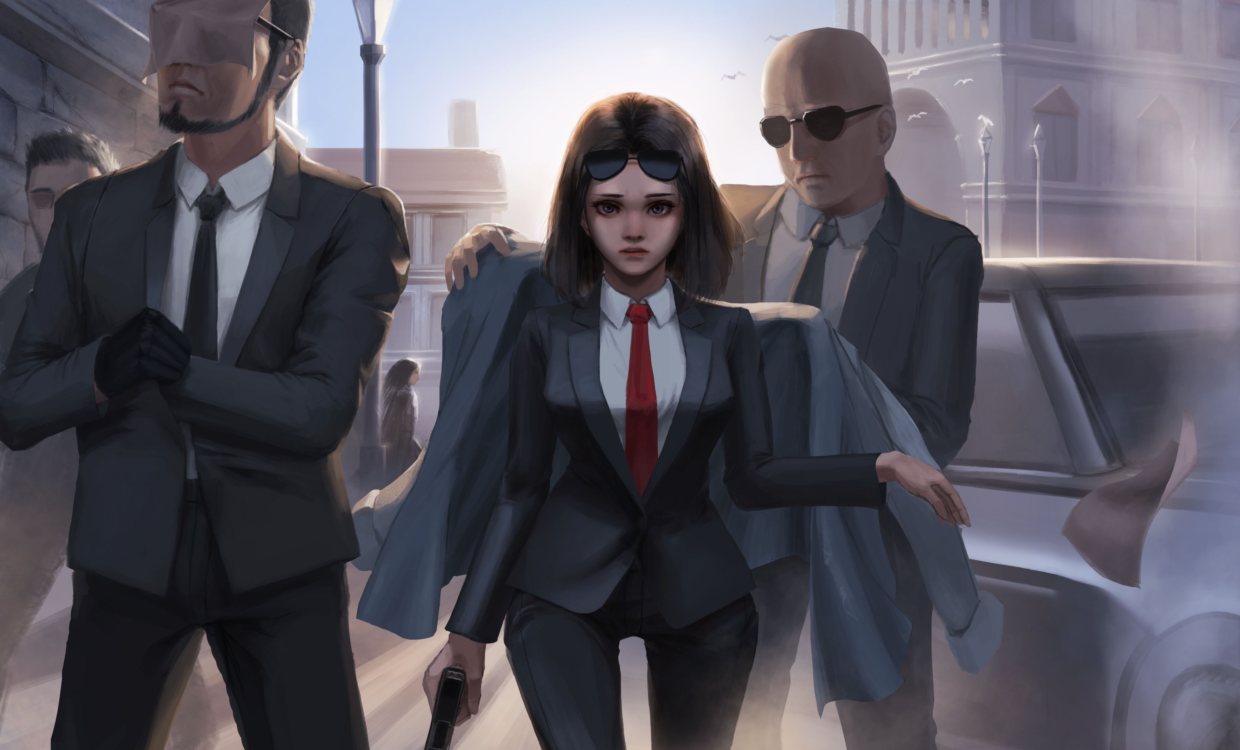 Download 4300x2600 Anime Girl In Suit, Bodyguards, Semi Realistic, Worried Expression Wallpaper