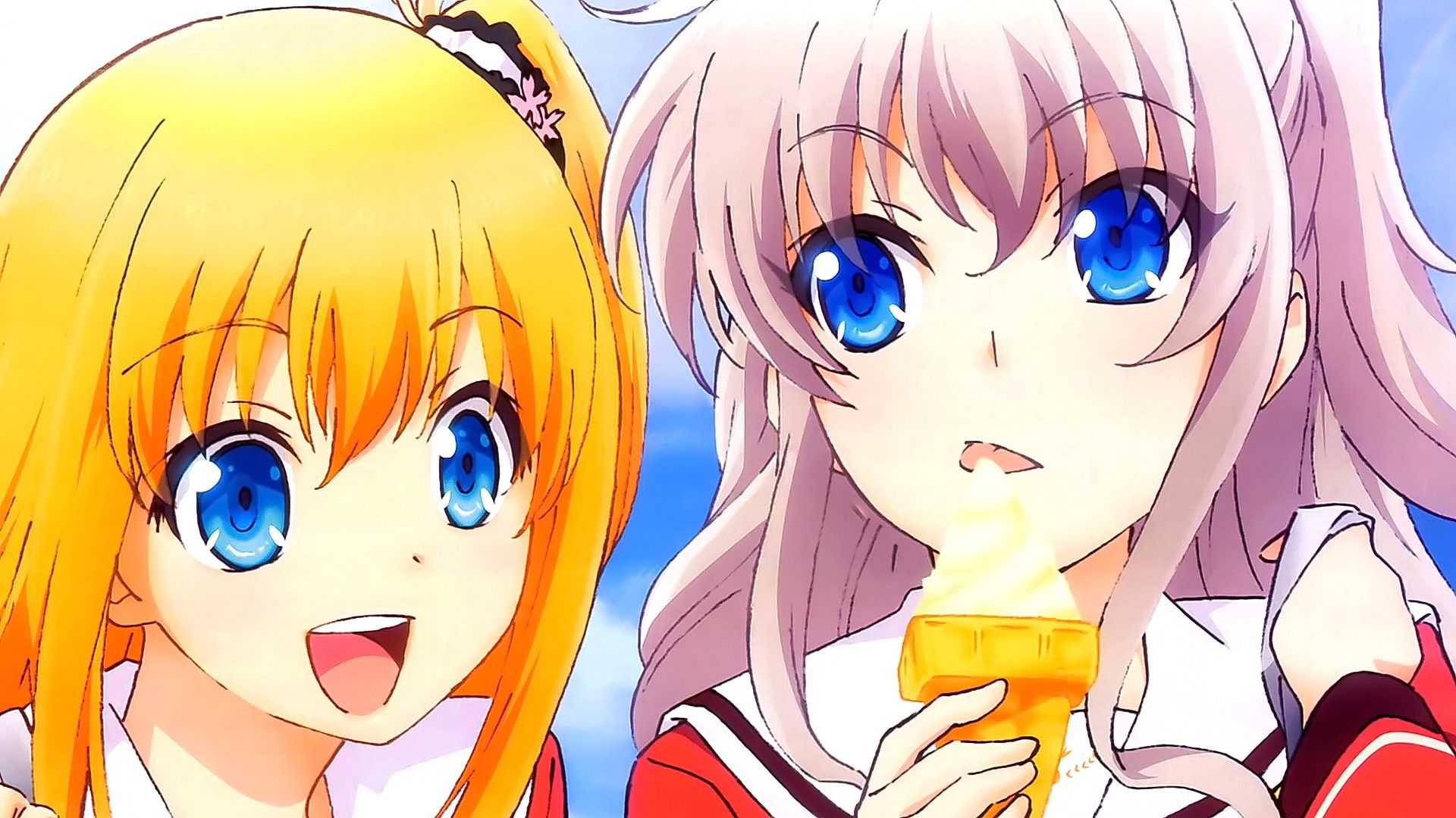 Wallpaper, illustration, blonde, anime girls, artwork, cartoon, silver hair, ice cream, Tomori Nao, Charlotte anime, Nishimori Yusa, mangaka 1920x1080