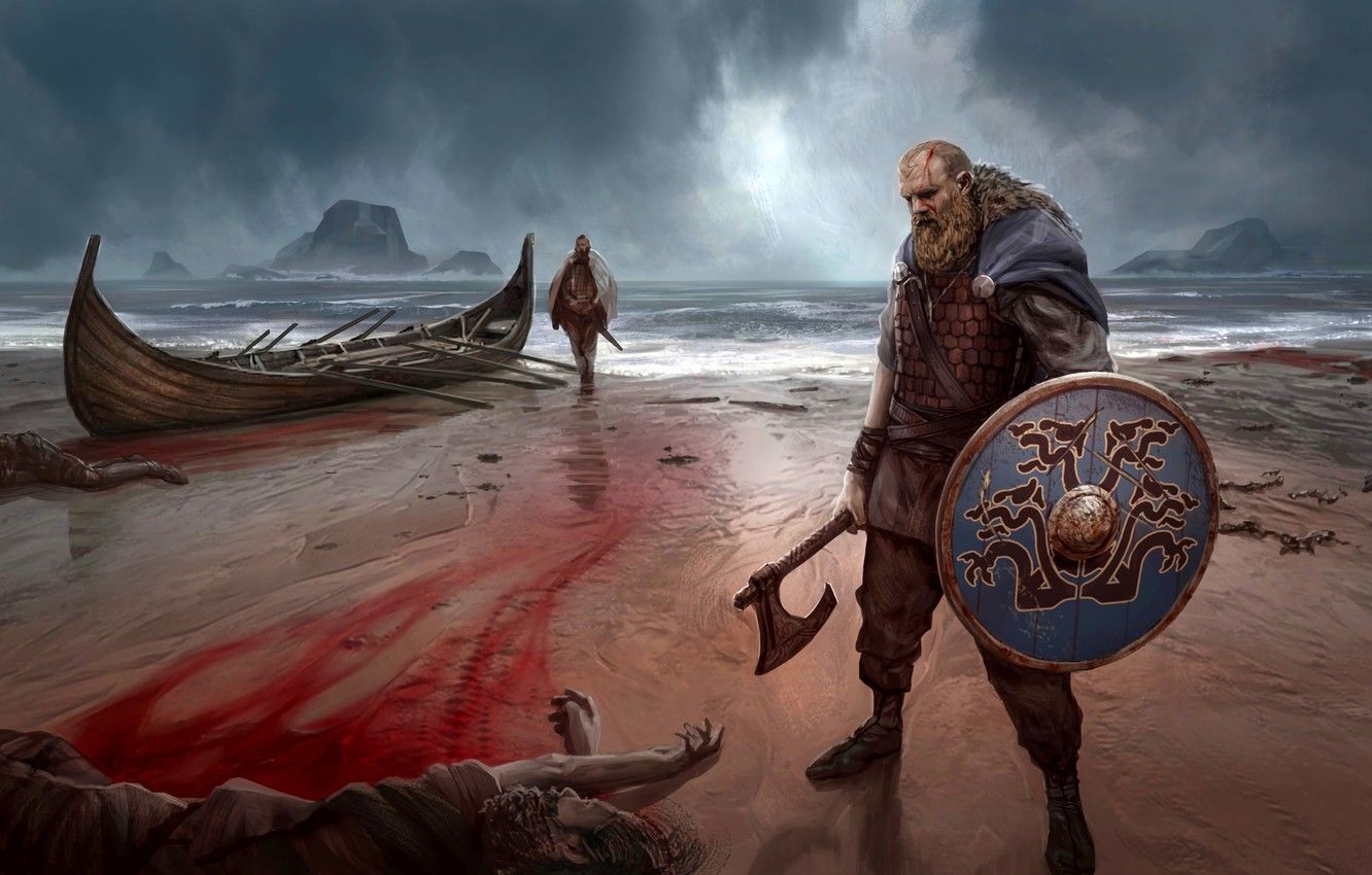 Wallpaper Sea, Boat, Shield, Viking, Nordic battle axe image for desktop, section прочее