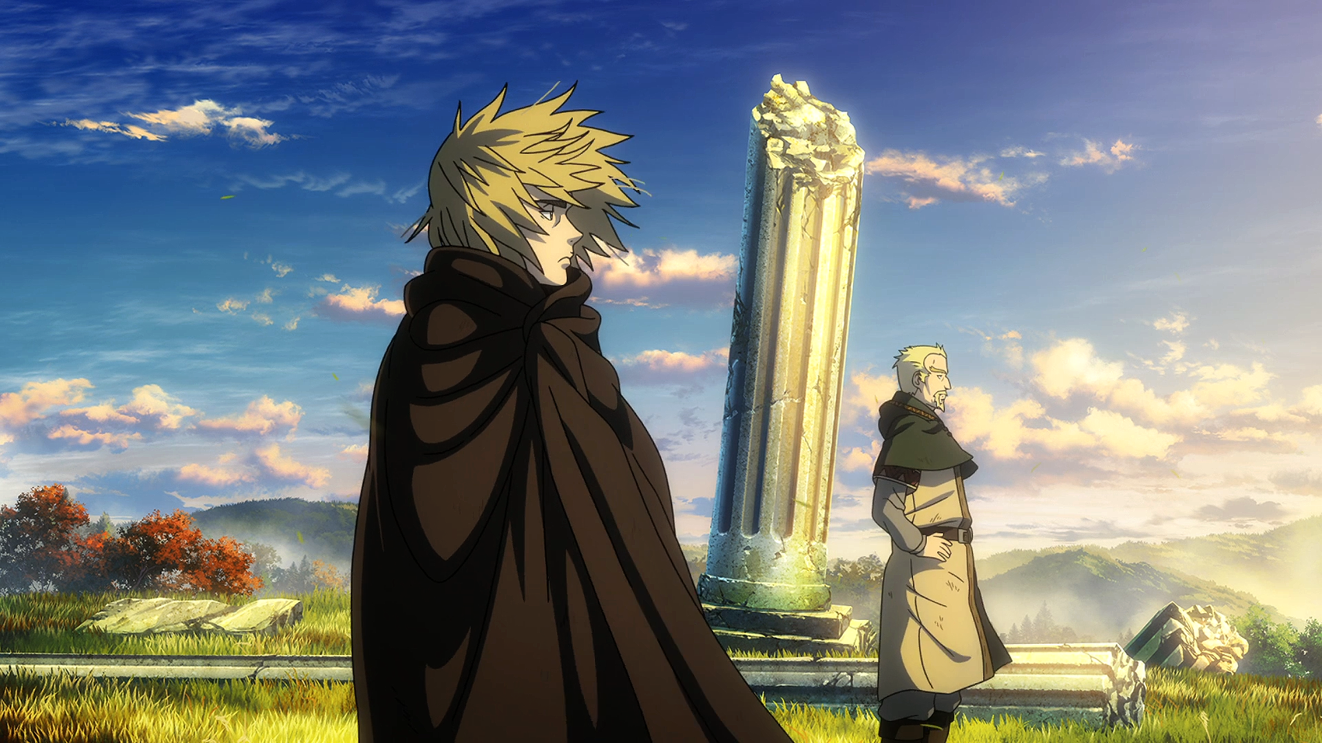 Wallpaper, Vinland Saga, ruins, hills, trees, roman empire, morning, anime, manga, clouds, England, Vikings, Makoto Yukimura, Wit Studio, Thorfinn, yellow hair, Askeladd, sky, cloaks 1920x1080
