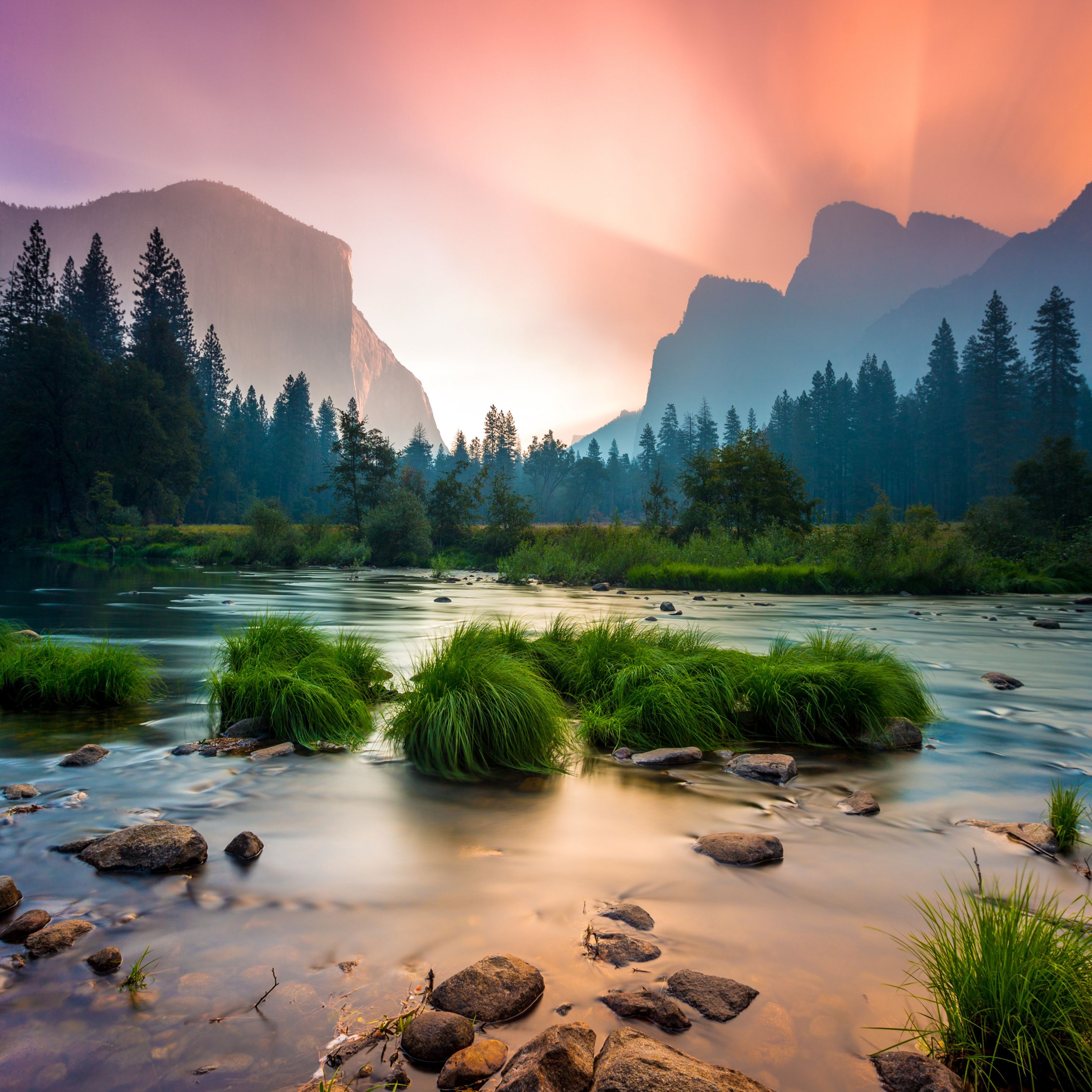 Download Sunrise, Yosemite National Park, stream, mountains wallpaper, 2932x iPad Pro Retina