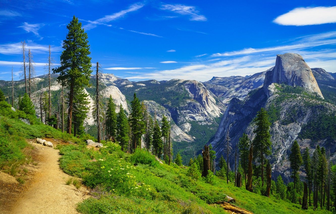 Wallpaper trees, mountains, CA, path, California, Yosemite Valley, Yosemite National Park, Sierra Nevada, Yosemite Valley, Sierra Nevada, Yosemite national Park image for desktop, section пейзажи