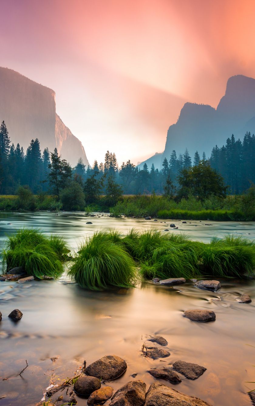 Download Sunrise, Yosemite National Park, stream, mountains wallpaper, 840x iPhone iPhone 5S, iPhone 5C, iPod Touch