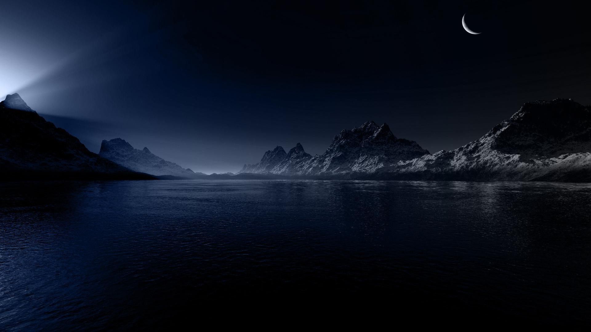 Bay, rocks, night, moon