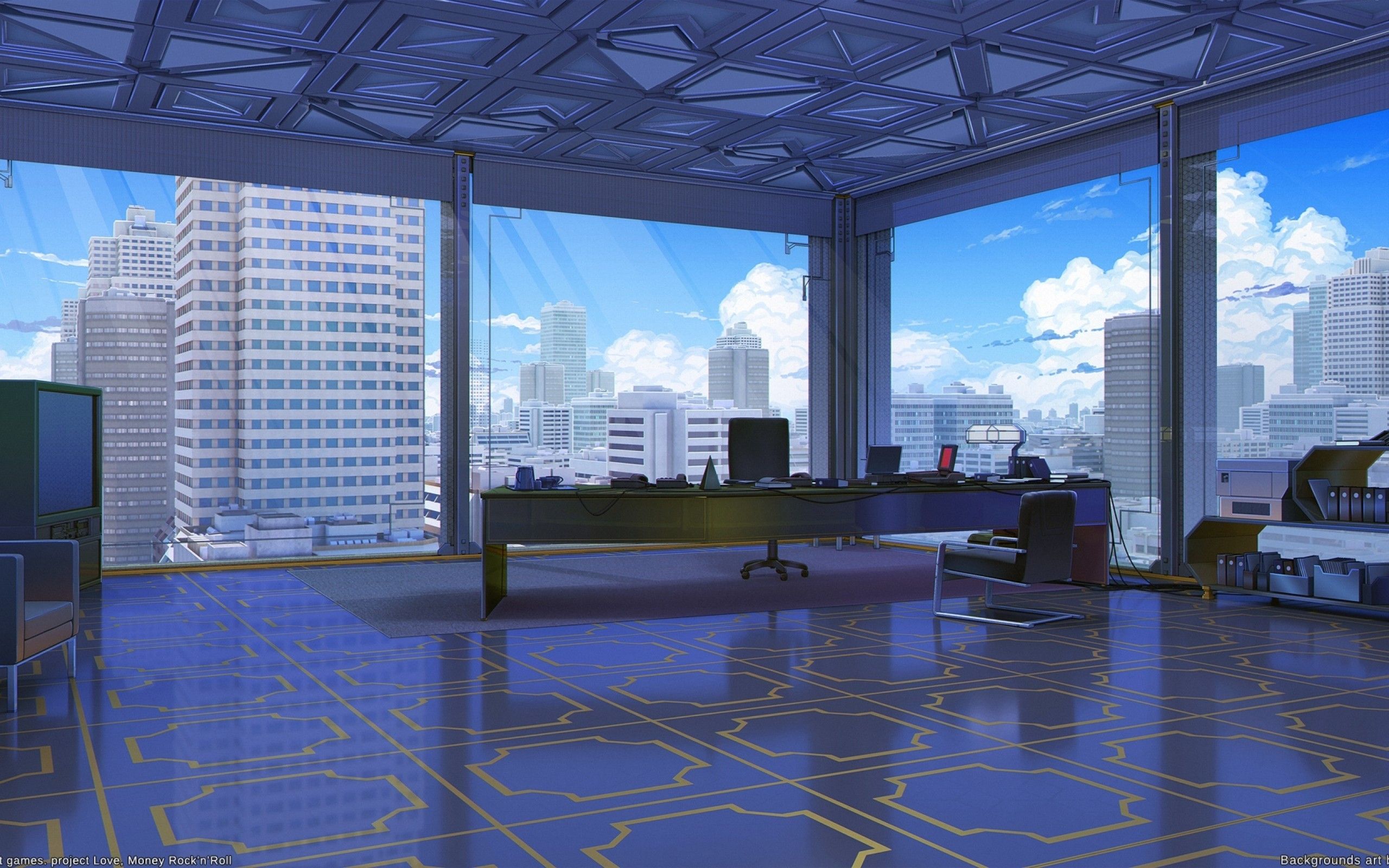 Download 2560x1600 Anime Office, Building, Cityscape, Scenic Wallpaper for MacBook Pro 13 inch