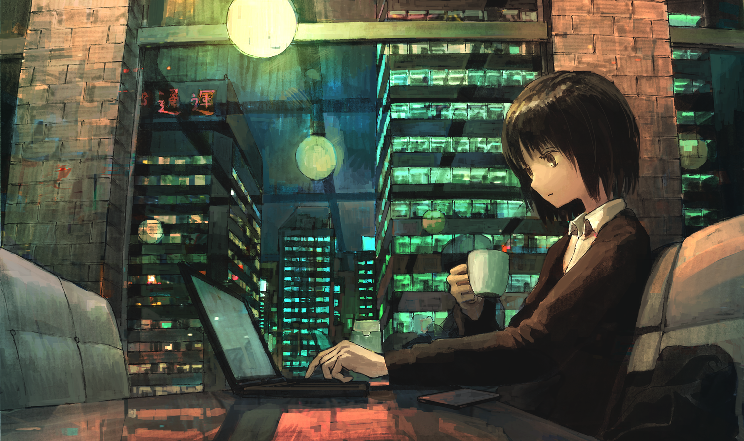 Wallpaper, anime girls, computer, skyscraper, night, urban, reflection, cafes, Japan, laptop, calm, work, job, office, schoolgirl, skinny, Cup Coffe 1500x890