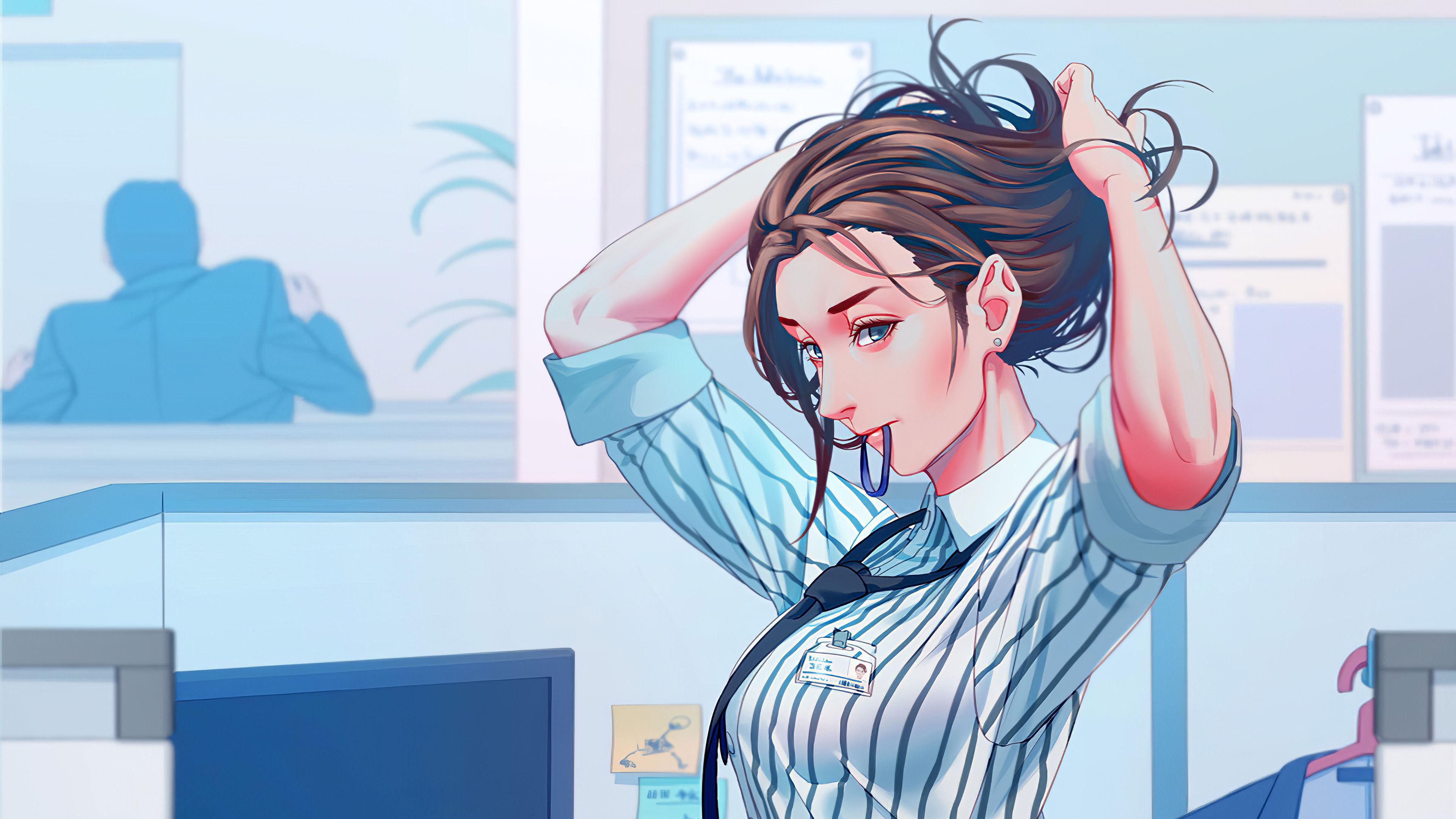 Office Anime Girl Adjusting Hairs 4k, HD Anime, 4k Wallpaper, Image, Background, Photo and Picture