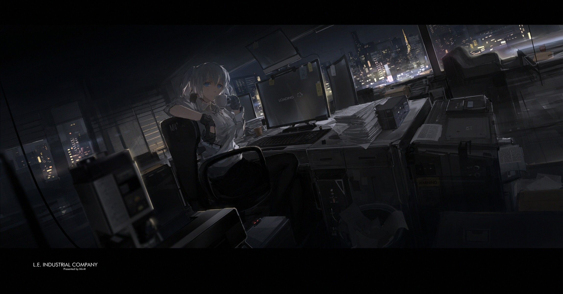 Wallpaper, window, city, night, white hair, anime girls, blue eyes, glasses, sitting, pantyhose, gloves, shirt, drink, office, skirt, original characters, twintails, paper, midnight, darkness, screenshot, computer wallpaper, pc game 2300x1200