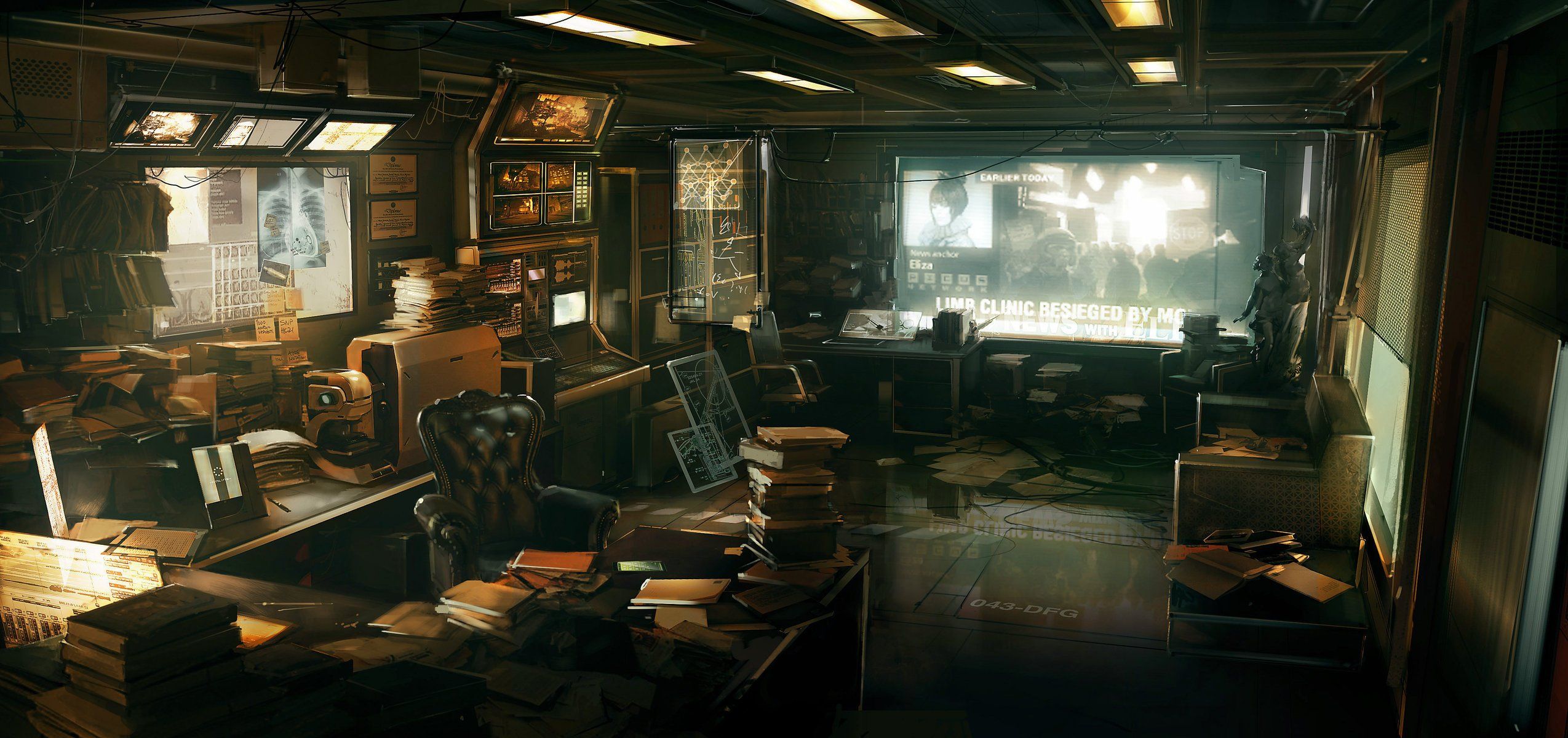 working deus ex 3 office table chair books paper monitor furnished drawings anime interior HD wallpaper