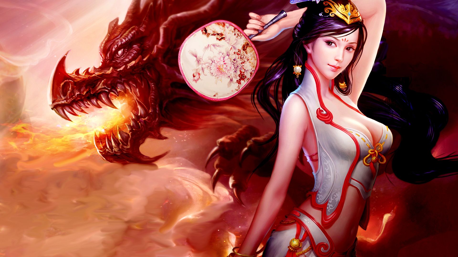 Fantasy Dragon Near A Beautiful Woman HD Dreamy Wallpaper