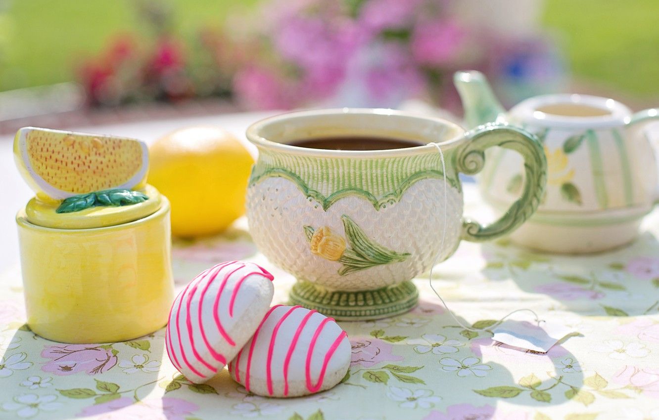 Wallpaper summer, light, flowers, comfort, table, lemon, tea, food, kettle, the tea party, mug, Cup, sweets, dishes, shadows, drink image for desktop, section еда